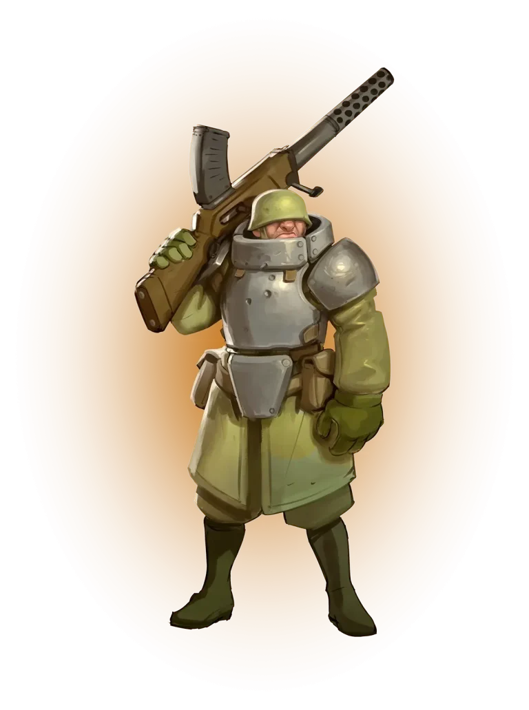 Ranger Illustrated ranger in an olive-green uniform and heavy metal armour, carrying a large rifle over one shoulder.